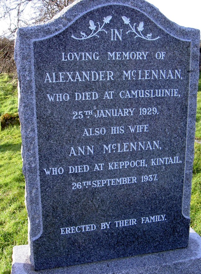 Photo of headstones/Alexander McLennan (d1929) & Ann McLennan (d1937) hdstn Clachan Duich